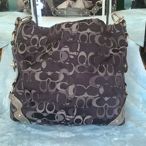 Signature F13981 Silver Hardware Black Canvas Shoulder Bag12.59"L x 11.81"W x